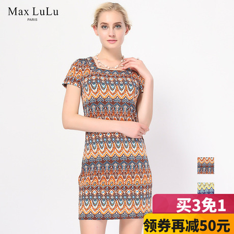 Max LuLu夏款一字领名族风印花短袖连衣裙30-40中老年妈妈装商品大图