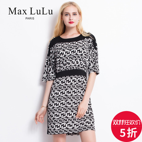 Max LuLu2018夏季新款中老年妈妈黑白印花高腰5分袖收腰连衣裙商品大图