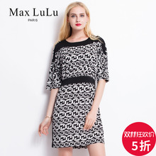 Max LuLu2018夏季新款中老年妈妈黑白印花高腰5分袖收腰连衣裙图片
