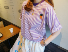 19夏 T恤 刺绣小女孩细条纹短袖 女装 兔美善韩国进口代购