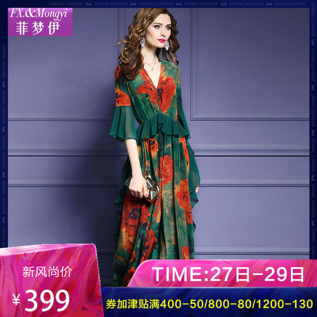 菲梦伊夏季女装2019新款V领真丝连衣裙松紧腰印花长裙桑蚕丝16782商品大图