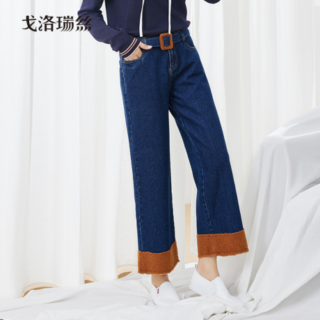 戈洛瑞丝2018秋冬新款牛仔阔腿裤女韩版宽松九分显瘦腰带翻边学生商品大图