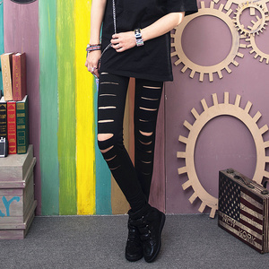 破洞打底裤女外穿2019春秋新款黑色薄款紧身乞丐裤个性潮九分裤