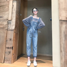 纯色长袖 秋装 T恤套装 女港味chic可爱减龄宽松背带牛仔裤 2018新款