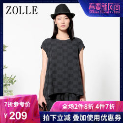 ZOLLE因为2017夏季新品女装宽松复古棉麻不对称格纹上衣短袖T恤