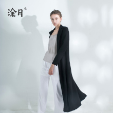 涂月设计师黑色风衣薄款女秋2018新款中长款西装领开叉休闲外套图片