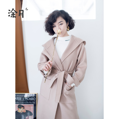 涂月设计师纯色翻领连帽羊毛呢外套女冬中长款加厚系带小个子外套商品大图