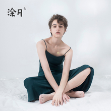 涂月原创莫兰迪小个子吊带裙女秋2018新款气质方领连衣裙缎面长裙图片