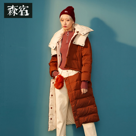 森宿Y咖色羽绒服女白鸭绒冬装2018新款ins中长款连帽宽松长袖外套商品大图