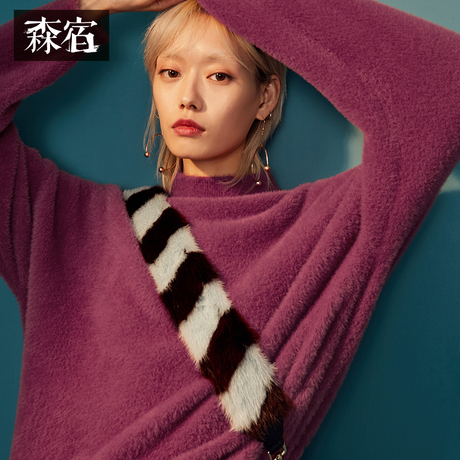 森宿Y红色绒感纱线毛衣女冬装2018新款宽松圆领套头下摆开叉上衣商品大图