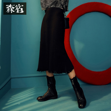 森宿Y黑色针织下摆流苏半身裙女秋冬装2018新款ins时尚中长款裙子商品大图