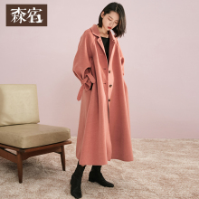 森宿Y冬装2018新款粉色大衣女中长款毛呢妮子加厚通勤修身外套女图片