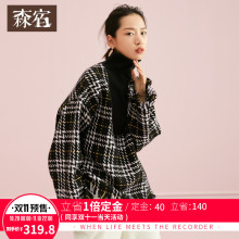 森宿Y短款格子毛呢大衣女毛边流苏冬装2018新款高领宽松呢子外套图片