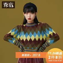 森宿复古格子条纹拼接毛衣女冬装2018新款慵懒风套头针织打底上衣图片