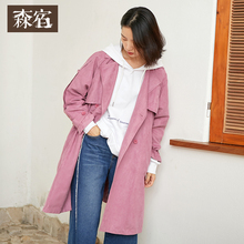 森宿Y粉色中长款过膝风衣女秋装2018新款韩版休闲气质双排扣大衣图片