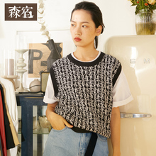原宿无袖宽松保暖毛衣外套女秋装2018新款撞色圆领套头短款上衣图片