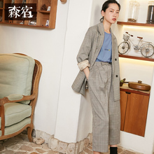 复古格子小西装女秋装2018新款chic宽松中长款双排扣休闲外套图片