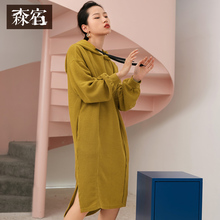 森宿Y中长款长袖连帽卫衣连衣裙女早秋冬装2018新款过膝纯色裙子图片