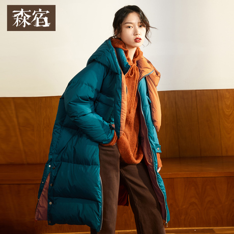 森宿Y复古拼色白鸭绒羽绒服女冬装2018新款时尚长款加厚连帽外套商品大图