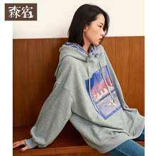 森宿Y趣味印花连帽卫衣女秋装2018新款韩版宽松中长款假两件上衣图片
