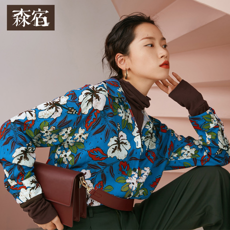 森宿Y复古碎花长袖薄衬衫女早秋装2018新款chic宽松休闲百搭上衣商品大图