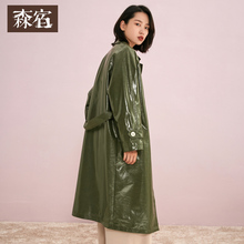森宿Y亮面皮质系带风衣女秋装2018新款ins中长款过膝复古时尚外套图片