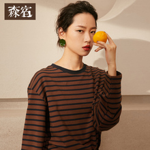森宿Y条纹宽松长袖T恤女秋冬装2018新款百搭休闲圆领打底体恤上衣图片