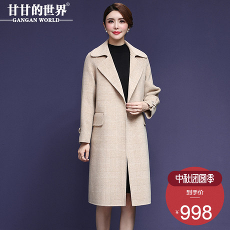 【全羊毛】甘甘的世界新款双面呢大衣女中长款格子大码中年外套女商品大图
