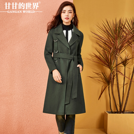 毛呢外套女中长款2017秋冬新款甘甘的世界修身翻领双面呢大衣女Q商品大图