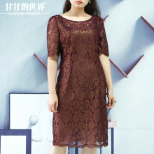 蕾丝连衣裙女圆领短袖2017新款甘甘的世界韩版手工钉珠中长裙女装图片