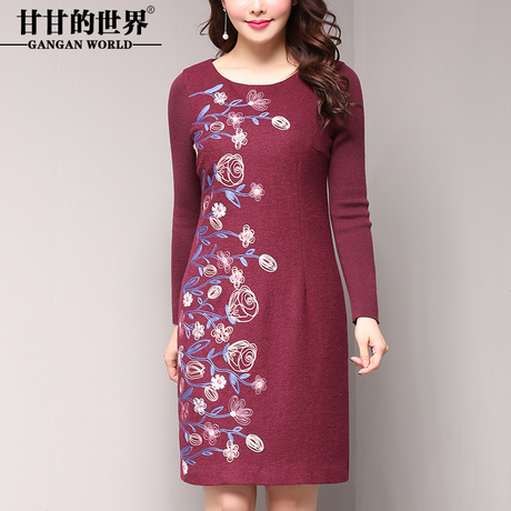 羊毛呢刺绣连衣裙2018春季新款中年女装甘甘的世界毛织袖打底长裙商品大图