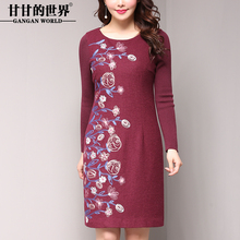 羊毛呢刺绣连衣裙2018春季新款中年女装甘甘的世界毛织袖打底长裙图片