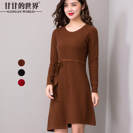 Q针织连衣裙女中长款长袖2018春秋新款甘甘的世界韩版圆领打底裙商品大图