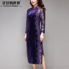 婚宴礼服2018甘甘的世界改良金丝绒拼接旗袍连衣裙礼服妈妈装D图片
