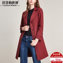 甘甘的世界2018秋季新款西装领风衣女系带收腰单排扣外套中长款图片