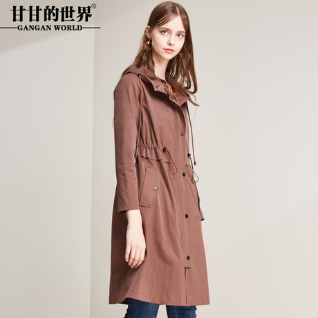 甘甘的世界2018秋季新款连帽休闲风衣女中长款松紧腰外套商品大图