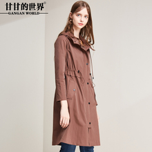 甘甘的世界2018秋季新款连帽休闲风衣女中长款松紧腰外套图片