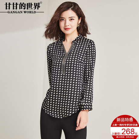 衬衫女甘甘的世界2018秋装新款长袖小衫波点印花T恤修身V领上衣女商品大图