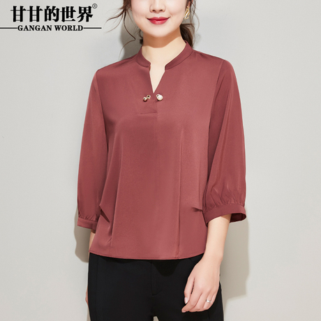 衬衫女2018新款秋装中袖V领T恤中年大码宽松上衣打底衫甘甘的世界商品大图