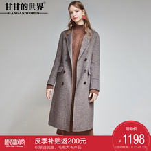 甘甘的世界100%羊毛双面呢大衣西装翻领人字纹中长款毛呢外套反季图片