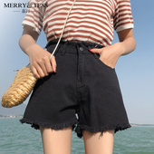 女夏高腰宽松2019新款 显瘦百搭外穿a字阔腿裤 韩版 黑色牛仔超短裤