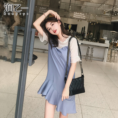 润乙一韩范雪纺连衣裙2018新款女圆领中长款短袖打底ins超火裙子商品大图