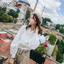 [8.21号0点上新]润乙一2018早秋慵懒风灯笼袖衬衫女长袖纯棉衬衣图片
