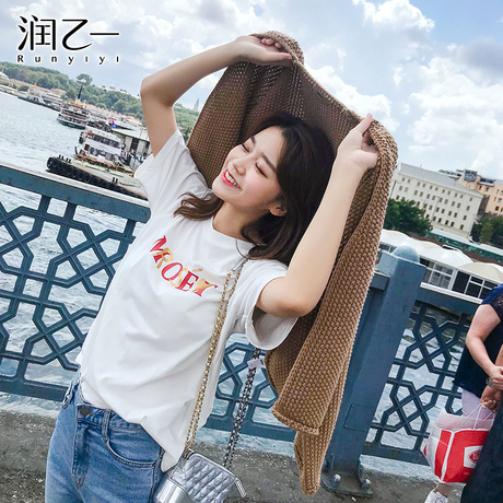 润乙一 韩范2018新款小清新上衣女 短袖t恤女早秋个性字母打底商品大图