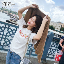 润乙一 韩范2018新款小清新上衣女 短袖t恤女早秋个性字母打底图片