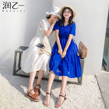 润乙一2018夏季新款温柔风闺蜜裙收腰V领短袖连衣裙小清新仙女图片