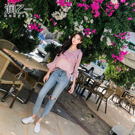 润乙一韩版新款社会女紧身破洞牛仔长裤 高腰显瘦港味九分裤子潮商品大图