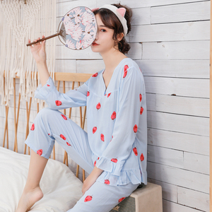 睡衣春秋纯棉绸睡衣梭织女士夏季长袖绵绸家居服薄款人造棉月子服