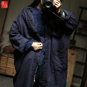 19秋款原创文艺复古色织亚麻撞色外套中式对襟盘扣袍子中长款风衣