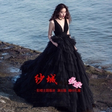 影楼主题服装 外景旅拍婚纱摄影写真黑色拖尾拍照礼服 2018展会新款
